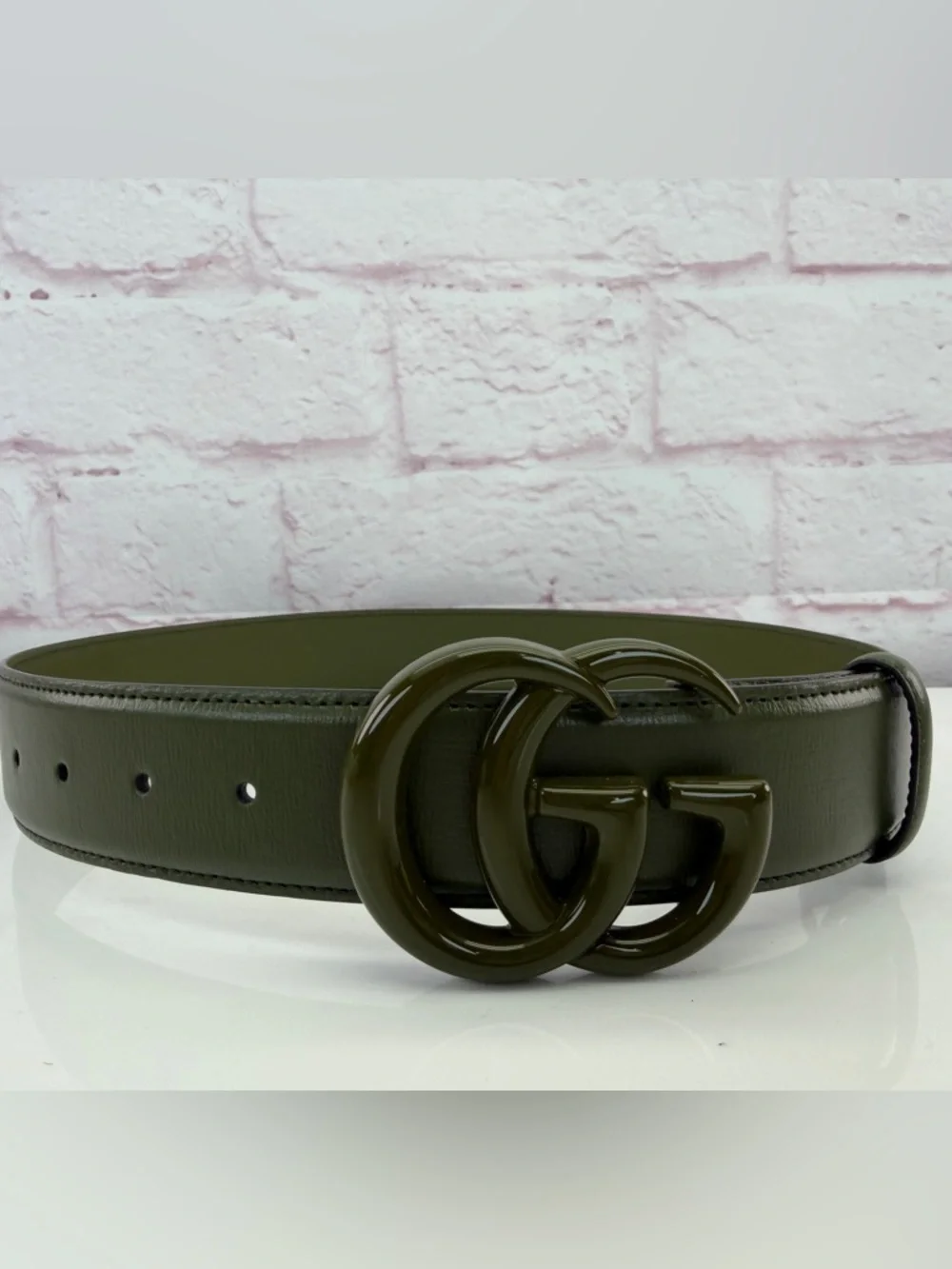 Authentic Gucci Monochrome Gg Wide Marmont Enamel Green Belt 75/30 400593